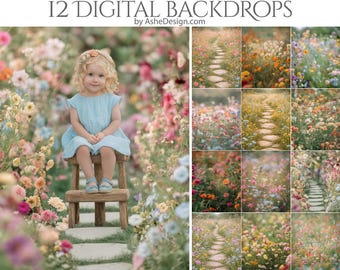 12 sfondi per fotografie digitali di campi di fiori primaverili, sfondi per studio di giardini di fiori selvatici, sfondi per ritratti primaverili