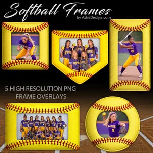 May include: A collection of five softball-themed PNG frame overlays. Each frame is yellow with red stitching, resembling a softball. The frames are in various shapes, including square, pennant, rectangular, and circular, with images of softball players.