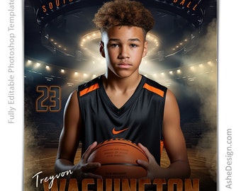 Puede incluir: Un jugador de baloncesto con una camiseta negra y naranja sostiene un balón de baloncesto. El fondo es una imagen borrosa de una cancha de baloncesto con luces. El nombre del jugador, "Treyvon WASHINGTON", y su número de camiseta, "23", son visibles. El texto "SOUTH CENTRAL BASKETBALL" está en la parte superior de la imagen.
