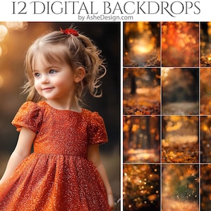 Pode incluir: Uma menina pequena com um vestido laranja brilhante está em um ambiente de floresta. O fundo é uma colagem de 12 fundos digitais com cores outonais e efeitos bokeh. O texto "12 DIGITAL BACKDROPS by AsheDesign.com" está na parte superior da imagem.