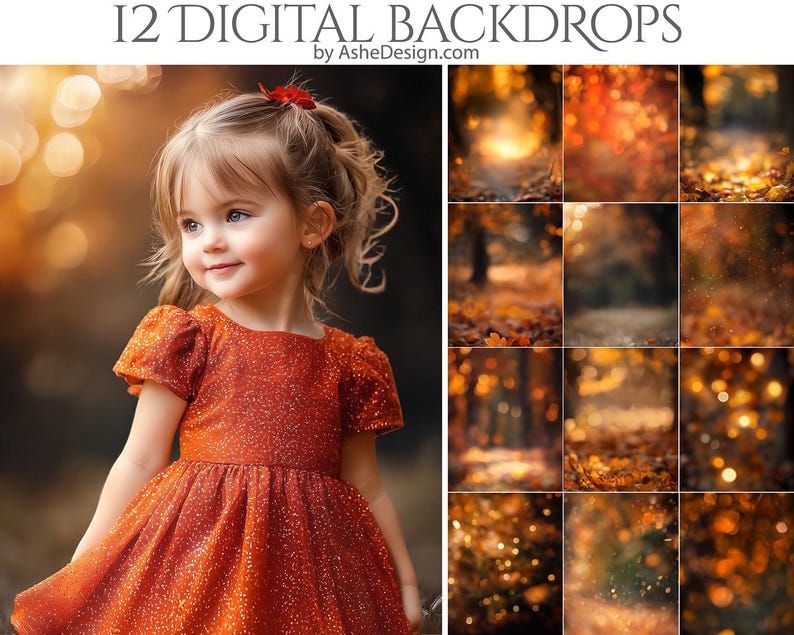 May include: A young girl in a sparkly orange dress stands in a forest setting. The background is a collage of 12 digital backdrops featuring autumnal colors and bokeh effects. The text "12 DIGITAL BACKDROPS by AsheDesign.com" is at the top of the image.