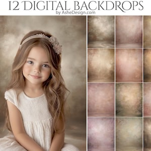 Puede incluir: Una niña con cabello castaño largo y un vestido blanco aparece frente a un telón de fondo. La imagen muestra 12 fondos digitales con varios colores y texturas, perfectos para fotografía. El texto en la parte superior dice "12 DIGITAL BACKDROPS by AsheDesign.com."
