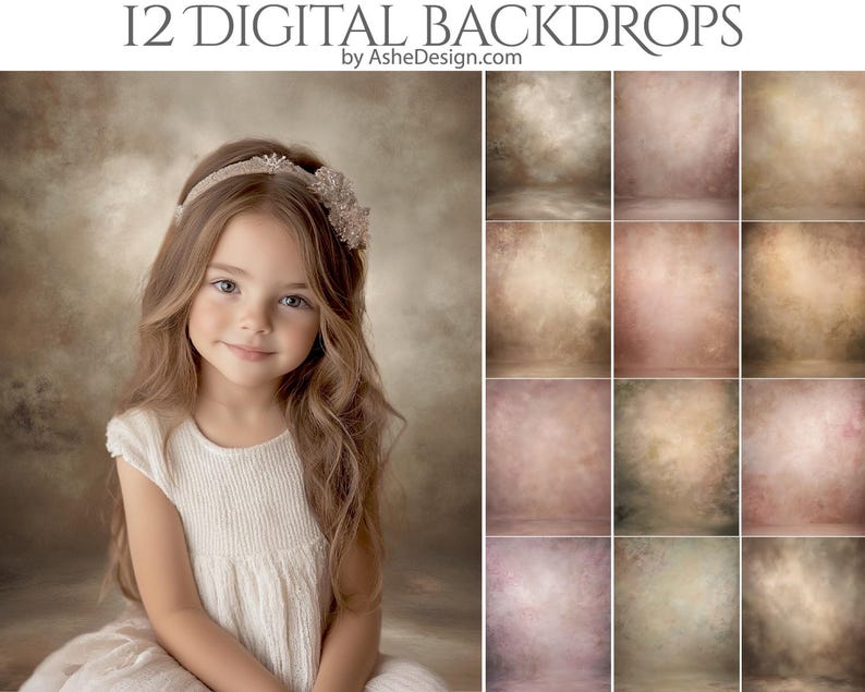 Peut inclure: Une jeune fille aux longs cheveux bruns et v&ecirc;tue d'une robe blanche est pr&eacute;sent&eacute;e devant une toile de fond. L'image pr&eacute;sente 12 toiles de fond num&eacute;riques avec diverses couleurs et textures, parfaites pour la photographie. Le texte en haut indique "12 DIGITAL BACKDROPS by AsheDesign.com."