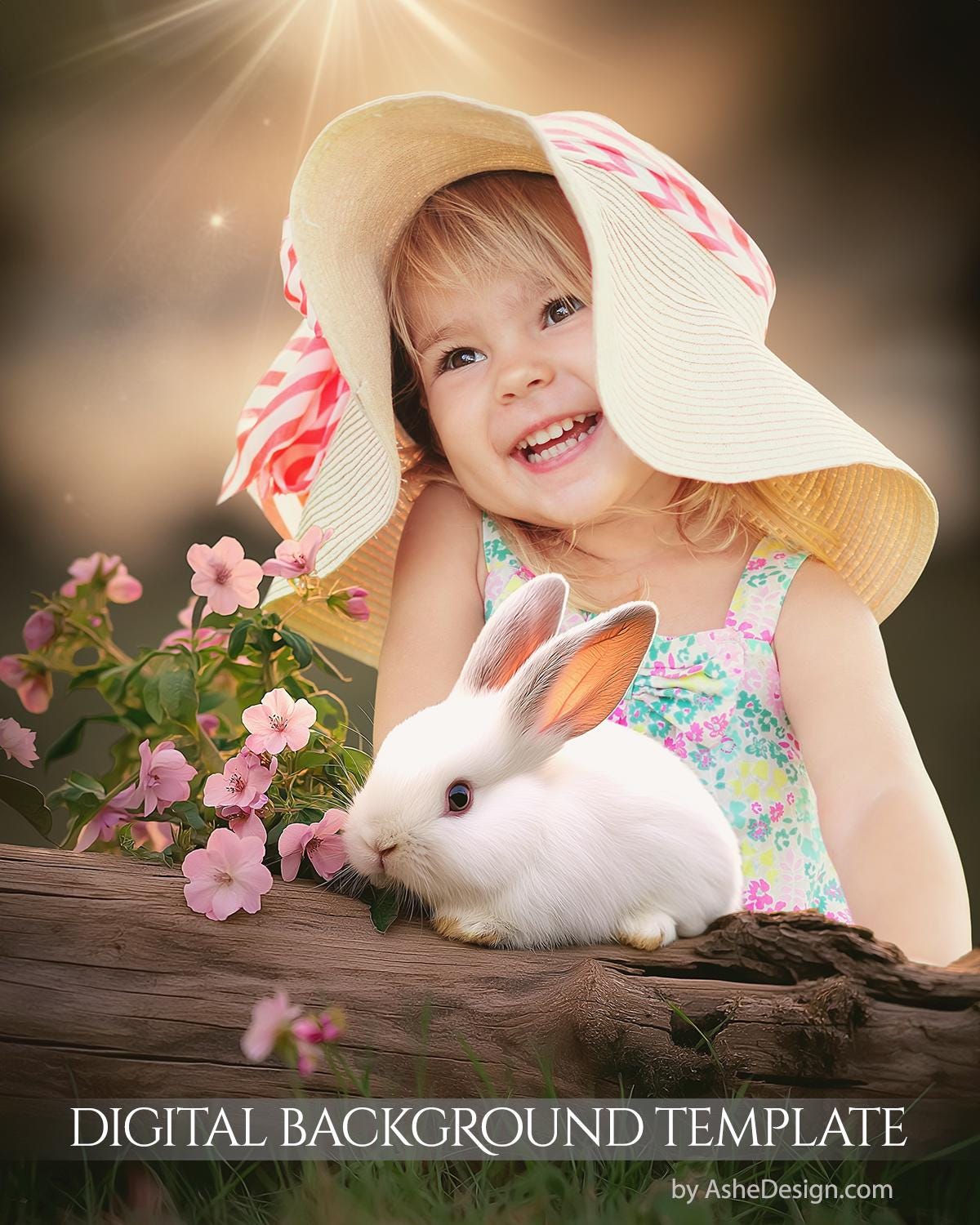 Bunny Log Digital-Backdrop Photoshop Template, Studio Digital Background, Easter Spring Composite, Layered PSD Digital Backdrop