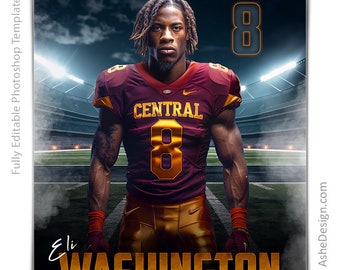 Peut inclure: Un joueur de football américain portant un maillot bordeaux et or avec le numéro 8. Le maillot porte l'inscription "CENTRAL" sur le devant. Le joueur est debout dans un stade avec des lumières en arrière-plan. Le nom du joueur est "Eli WASHINGTON" et le texte "CENTRAL STATE FOOTBALL 20XX" est en haut de l'image.