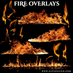May include: A collection of fire overlays, perfect for adding a fiery touch to your designs. The overlays are isolated on a black background and feature various shapes and sizes of flames.