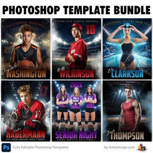 Photoshop Sports Template Bundle Includes 12 Layered PSD Sports Poster Templates For Photoshop, Easily Resize For Senior Night Banners!