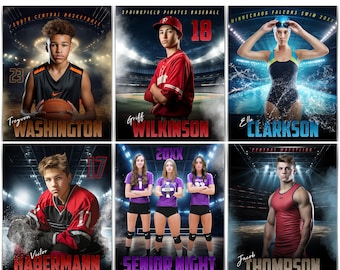 Photoshop Sports Template Bundle Includes 12 Layered PSD Sports Poster Templates For Photoshop, Easily Resize For Senior Night Banners!