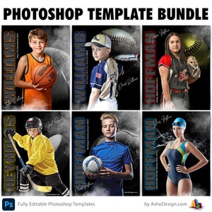 May include: A set of six customizable Photoshop templates for sports team photos. Each template features a different sport, including basketball, baseball, soccer, hockey, softball, and swimming. The templates are designed with a black background and feature a white, blue, or yellow color scheme. The templates are fully editable and can be customized with your own text, images, and colors.