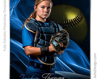 Photoshop Softball Poster Templates, Sports Photography-Templates, PSD Background, Resize For Senior Night Banners, Color Wave Softball