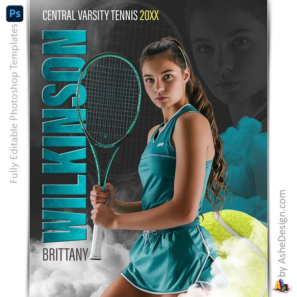 Photoshop Tennis Poster Templates, Sports Photography-Templates, PSD Background, Resize For Senior Night Banners, Sports Legends Tennis