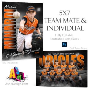 Può includere: Modello di foto della squadra di baseball con un giovane giocatore di baseball in uniforme arancione e nera che lancia una palla. Il modello include il testo "Orioles" e "Cal Ripken u10 Baseball".