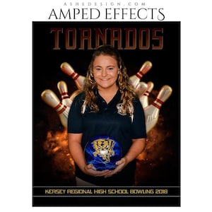 May include: A young woman in a navy blue polo shirt holds a blue bowling ball with a tornado graphic. The image features the text "TORNADOS" and "KERSEY REGIONAL HIGH SCHOOL BOWLING 2018" against a dark background with bowling pins.