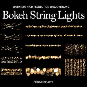 May include: Set of 10 high-resolution digital images of bokeh string lights. The images feature various arrangements of warm white lights, creating a festive and romantic ambiance. Perfect for adding a touch of magic to your digital designs.