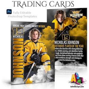 May include: Two hockey trading cards featuring a young man in a yellow and black hockey uniform. The cards display the text "KINSAIL HIGH SCHOOL HOCKEY DEFENSE" and "NICHOLAS JOHNSON DEFENSIVE PLAYER OF THE YEAR". The cards are fully editable Photoshop templates.
