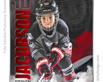 Könnte beinhalten: Ein Hockeyspieler trägt ein schwarz-weißes Trikot mit roten Akzenten, einen schwarzen Helm mit einer weißen Nummer 10 und schwarze Handschuhe. Der Spieler hält einen Hockeyschläger und befindet sich auf dem Eis. Der Hintergrund ist ein rot-schwarzes Design mit dem Text "WTM MITE HOCKEY 20XX" und "JACOBSON STEPHEN".
