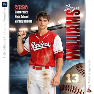 May include: A baseball-themed design featuring a young man in a red and white baseball uniform, holding a bat. The design includes the text "2026 Canterbury High School Varsity Raiders" and the name "Bryce Williams". A baseball with the number 13 is also visible.