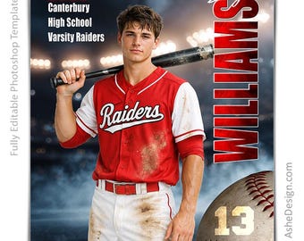 Photoshop Baseball Poster Templates, PSD Sports Photography-Templates, Resize For Senior Night Banners, Stadium Smoke Baseball