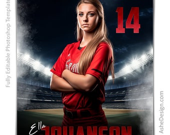 Photoshop Softball Poster Templates, Sports Photography-Templates, PSD Background, Resize For Senior Night Banners, Stadium Lights Softball