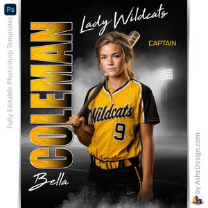 Puede incluir: Foto de equipo de softbol con una joven con una camiseta de los Wildcats amarilla y negra con el número 9. La imagen incluye el texto "COLEMAN" y "Bella" verticalmente, y "Lady Wildcats" y "CAPTAIN".