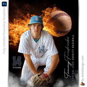 Photoshop Baseball Poster Vorlagen, PSD Sportfotografie-Vorlagen, Resize For Senior Night Banners, Up In Flames Baseball