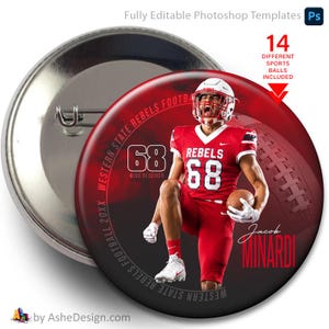 Puede incluir: Un botón redondo con alfiler que muestra a un jugador de fútbol americano con uniforme rojo y el número 68, el texto Western State Rebels Football, Jacob Minardi y un gráfico de balón. Incluye un reverso metálico y un fondo rojo.
