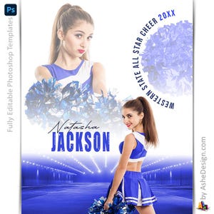 Modelli di poster di cheerleading per Photoshop, modelli di fotografia sportiva PSD, ridimensionamento per banner per serate per anziani, cheerleading a tutto tondo