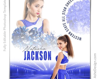 May include: A blue and white cheerleading uniform with a pom-pom. The uniform has a white skirt with a blue stripe and a blue top with a white stripe. The text "Western State All Star Cheer 20XX" is written in a circle around the image. The text "Natasha JACKSON" is written in a blue and white distressed font.