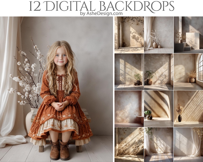 12 Boho Walls Digital Photography Backdrops, Neutral Studio Backgrounds ...