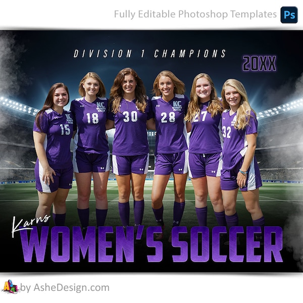 Photoshop Soccer Poster Templates, Sports Photography-Templates, PSD Background, Resize For Senior Night Banners, Stadium Lights Soccer Team