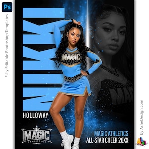 May include: A light blue cheerleading uniform with gold and black accents. The word "MAGIC" is across the chest. The name "NIKKI" is displayed in large blue letters. The words "MAGIC ATHLETICS ALL-STAR CHEER 20XX" are also visible.