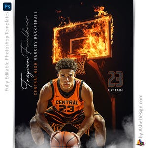 Basketball Photoshop Poster Vorlagen, PSD Sportfotografie-Vorlagen, Resize For Senior Night Banners, Up In Flames Basketball