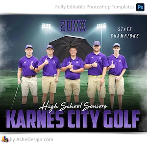 Photoshop-golfpostersjablonen, PSD-sportfotografie-sjablonen, formaat wijzigen voor seniorennachtbanners, stadionverlichting golfteam