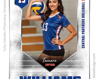 May include: A volleyball team graphic featuring a woman in a blue jersey with the number 13, holding a volleyball. The text reads "Central Panthers Volleyball 20XX", "Tamara Captain", and "Williams". The background is a volleyball court.