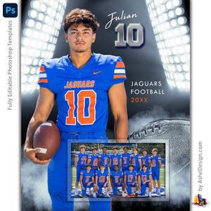 May include: A digital sports poster template featuring a football player in a blue and orange jersey with the number 10, holding a football. The design includes the text Julian 10, Jaguars Football 20XX, and a smaller inset photo of a football team.