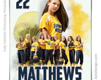 Photoshop Softball Poster Templates, Sports Photography-Templates, PSD Background, Resize For Senior Night Banners, Electrified Softball