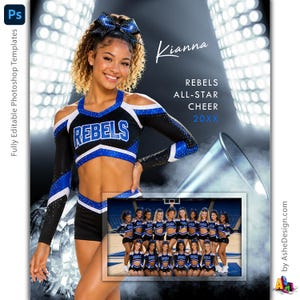 May include: A digital template featuring a cheerleader in a black and blue long-sleeve uniform with the text Rebels, Kianna, and Rebels All-Star Cheer 20XX. The design includes a smaller inset photo of a cheer squad on a basketball court.