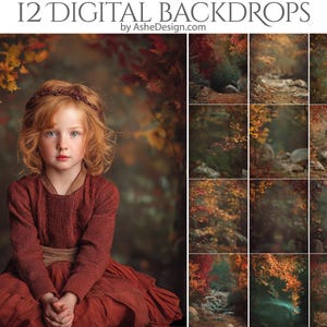 Può includere: Una ragazza dai capelli rossi con un vestito rosso è presente in un'immagine promozionale per 12 sfondi digitali. Gli sfondi mostrano scene di foreste autunnali con colori caldi e illuminazione soffusa. Il testo in alto recita "12 DIGITAL BACKDROPS by AsheDesign.com."