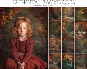 12 Fall Forests Digital Photography Backdrops, Photoshop Overlays, Studio Backdrops For Photographers, Wedding & Senior Backdrops