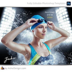 Sport Poster Vorlagen Set - Photoshop Vorlagen für Sport Teams und Einzelpersonen - Sport Fotografie Vorlagen - Smokey Lights Swim