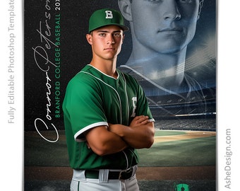 Photoshop Baseball Poster Templates, Sports Photography-Templates, PSD Background, Resize For Senior Night Banners, Reflection Baseball