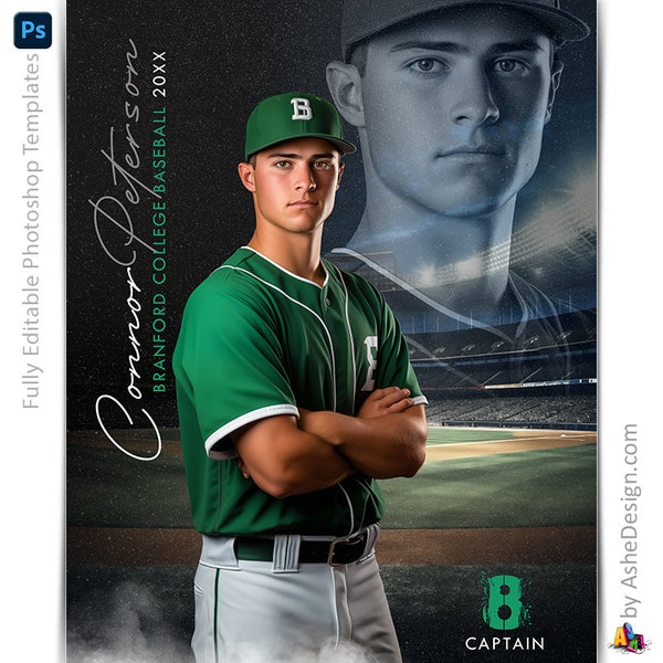 Photoshop Baseball Poster Templates, Sports Photography-Templates, PSD Background, Resize For Senior Night Banners, Reflection Baseball