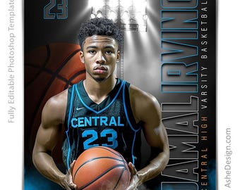Puede incluir: Un jugador de baloncesto vistiendo una camiseta negra con la palabra "CENTRAL" y el número "23" en azul. Está sosteniendo un balón de baloncesto y está de pie frente a un foco.