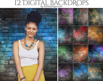 12 sfondi per fotografia digitale grunge in mattoni colorati, sovrapposizioni di texture di Photoshop per fotografi, sfondi per anziani, sfondi per studio