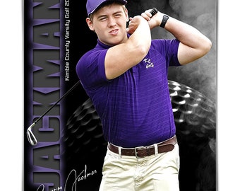 May include: A young man wearing a purple golf shirt with a white hat and white trousers is swinging a golf club. The background is black with a blurred image of a golf ball. The text "JACKMAN" is in large, white letters on the left side of the image. The text "Kimble County Varsity Golf 2023" is in smaller white letters on the right side of the image. The text "AsheDesign.com" is in small white letters at the top of the image.