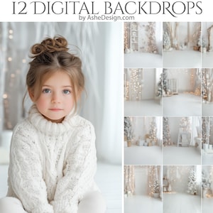 Peut inclure: Une jeune personne portant un pull en tricot blanc est assise devant une sélection de 12 décors numériques. Les décors présentent des scènes d'hiver avec un éclairage doux et des couleurs neutres. Le texte en haut indique "12 DIGITAL BACKDROPS by AsheDesign.com."