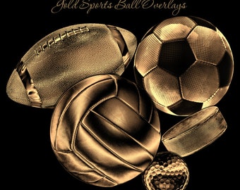 Photoshop Design | Sports Photo Overlays | GOLD Sports Balls Overlay Set 1 | (5) Digital .PNG Files for Sports Photography & Quick Pages.