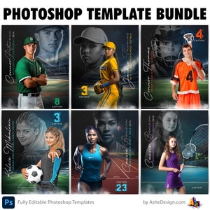 Photoshop Sports Template Bundle Includes 12 Layered PSD Sports Poster Templates For Photoshop, Easily Resize For Senior Night Banners!