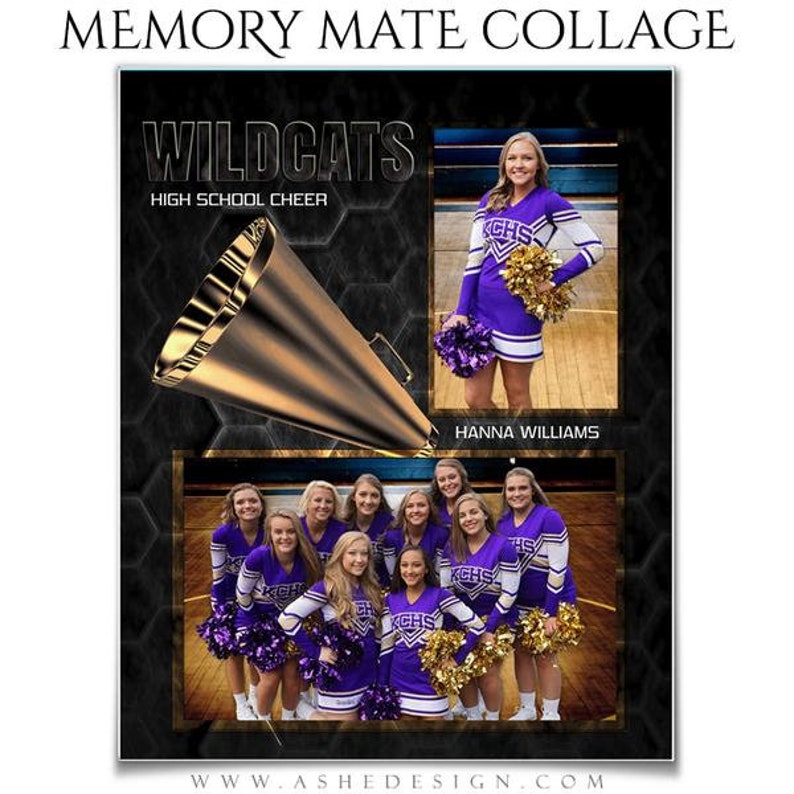 May include: A collage featuring a cheerleading squad with the words "Wildcats High School Cheer" and "Hanna Williams" in the image. The cheerleaders are wearing purple and white uniforms with gold accents and pom-poms. The background is black with a honeycomb pattern.