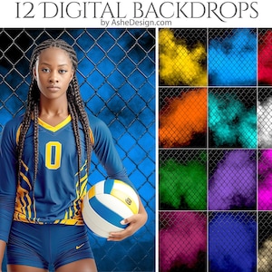 May include: A young woman in a blue and yellow volleyball uniform holds a volleyball. The image includes 12 digital backdrops with colorful smoke effects and a chain-link fence. Text at the top reads "12 DIGITAL BACKDROPS by AsheDesign.com."